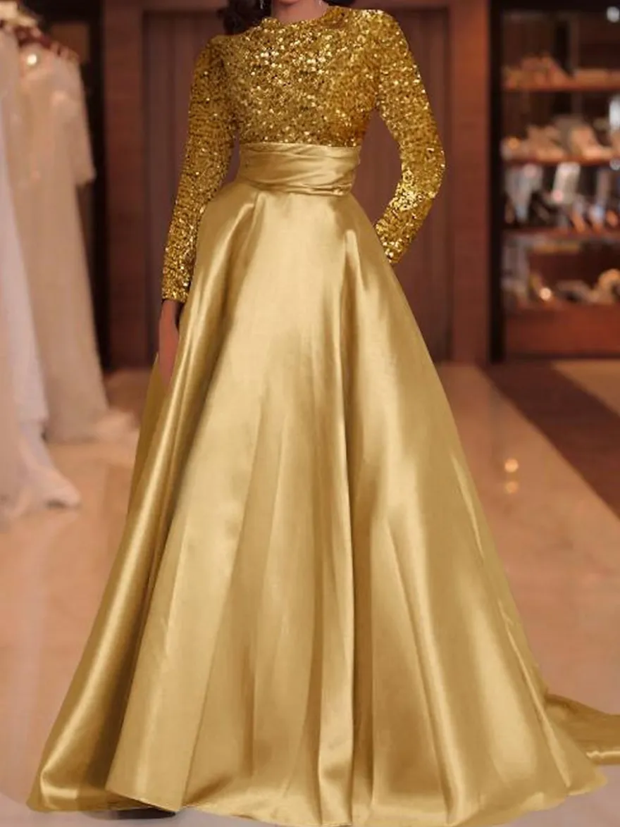 Robe de soirée robe de bal col bijou avec traîne manches longues fermeture éclair paillettes velours robes de concours sociales