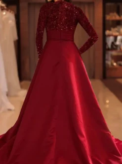 Robe de soirée robe de bal col bijou avec traîne manches longues fermeture éclair paillettes velours robes de concours sociales
