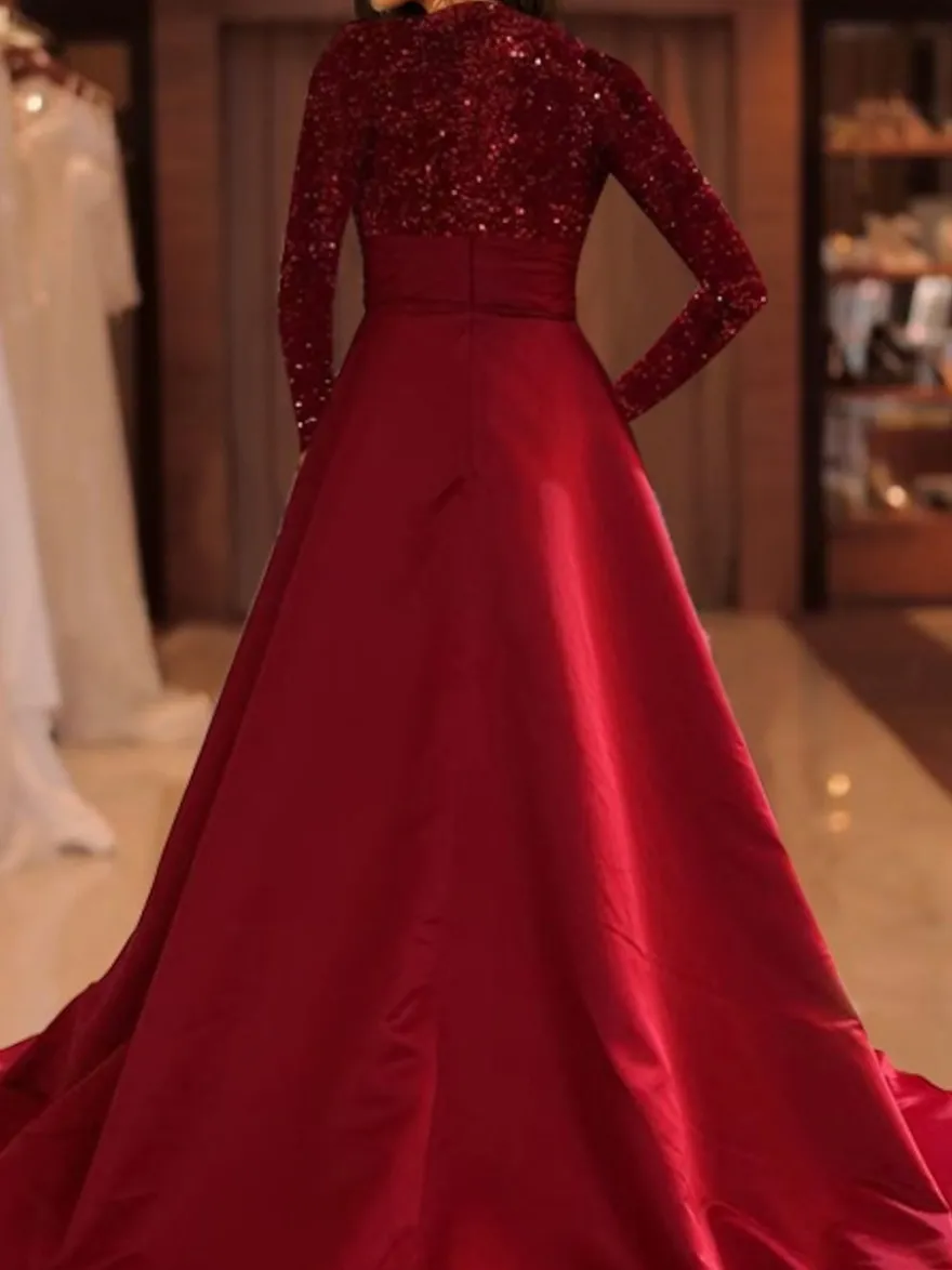 Robe de soirée robe de bal col bijou avec traîne manches longues fermeture éclair paillettes velours robes de concours sociales