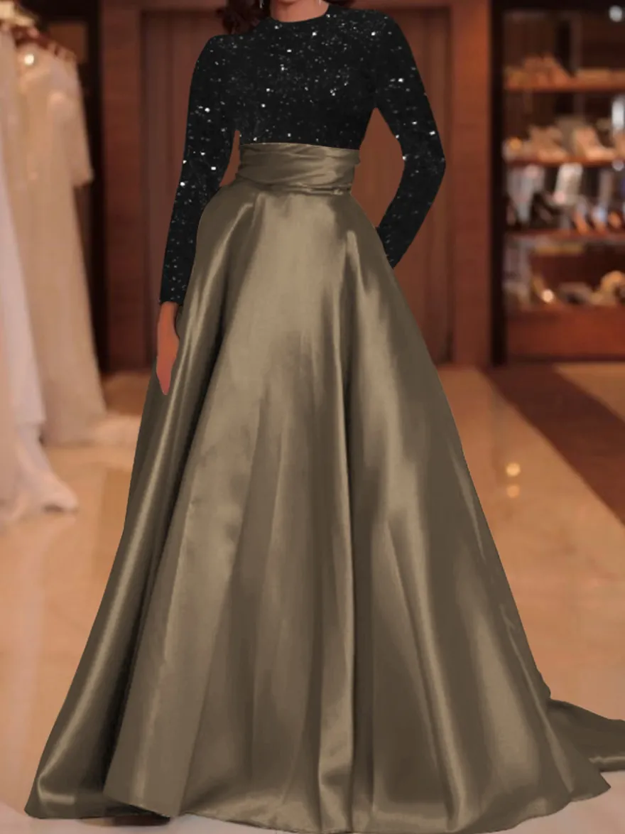 Robe de soirée robe de bal col bijou avec traîne manches longues fermeture éclair paillettes velours robes de concours sociales