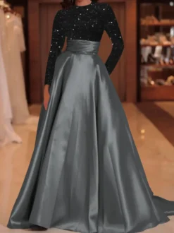 Robe de soirée robe de bal col bijou avec traîne manches longues fermeture éclair paillettes velours robes de concours sociales