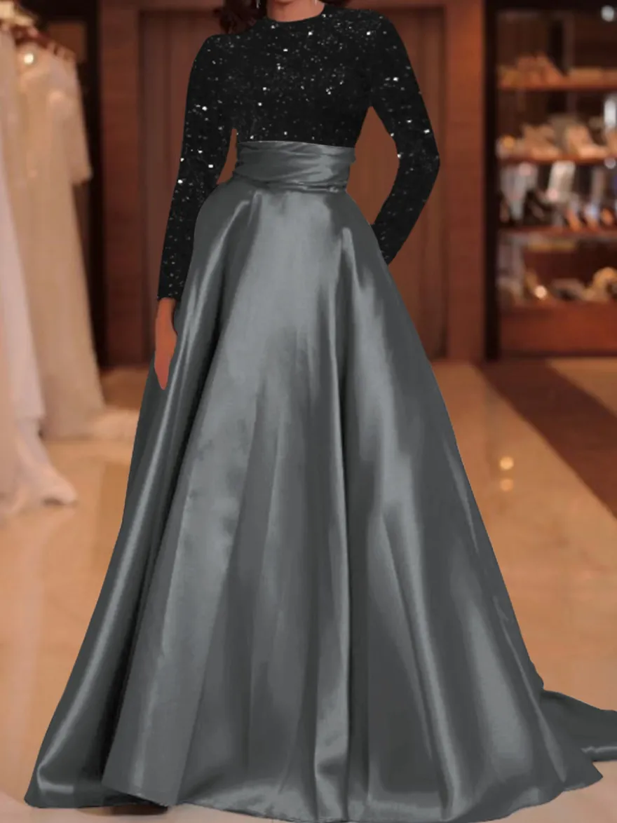 Robe de soirée robe de bal col bijou avec traîne manches longues fermeture éclair paillettes velours robes de concours sociales