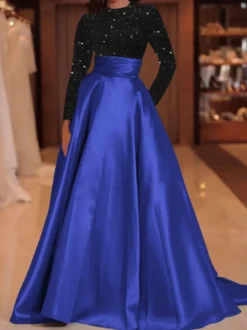 Robe de soirée robe de bal col bijou avec traîne manches longues fermeture éclair paillettes velours robes de concours sociales