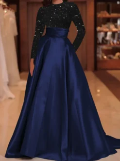 Robe de soirée robe de bal col bijou avec traîne manches longues fermeture éclair paillettes velours robes de concours sociales