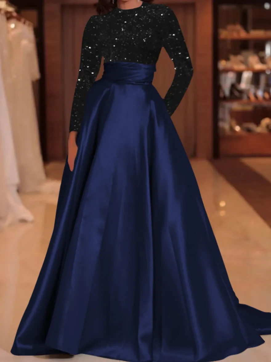 Robe de soirée robe de bal col bijou avec traîne manches longues fermeture éclair paillettes velours robes de concours sociales