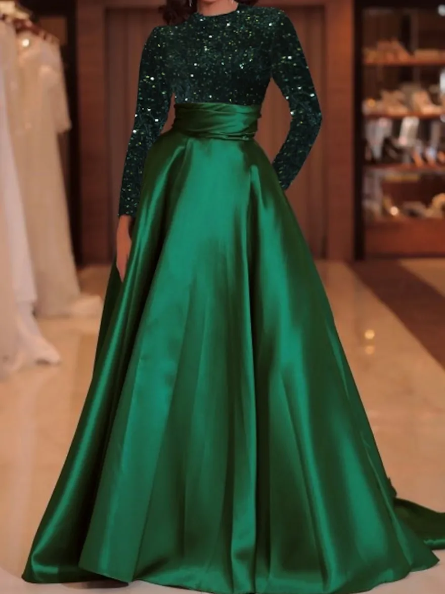 Robe de soirée robe de bal col bijou avec traîne manches longues fermeture éclair paillettes velours robes de concours sociales