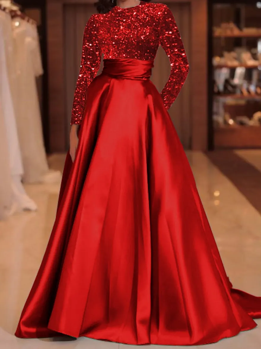 Robe de soirée robe de bal col bijou avec traîne manches longues fermeture éclair paillettes velours robes de concours sociales