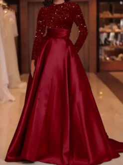 Robe de soirée robe de bal col bijou avec traîne manches longues fermeture éclair paillettes velours robes de concours sociales