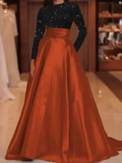 Robe de soirée robe de bal col bijou avec traîne manches longues fermeture éclair paillettes velours robes de concours sociales