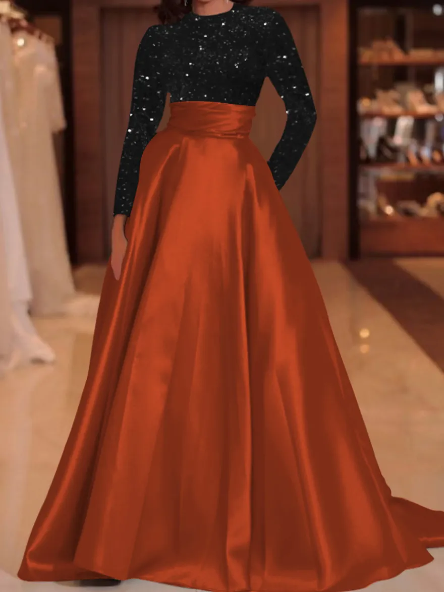 Robe de soirée robe de bal col bijou avec traîne manches longues fermeture éclair paillettes velours robes de concours sociales