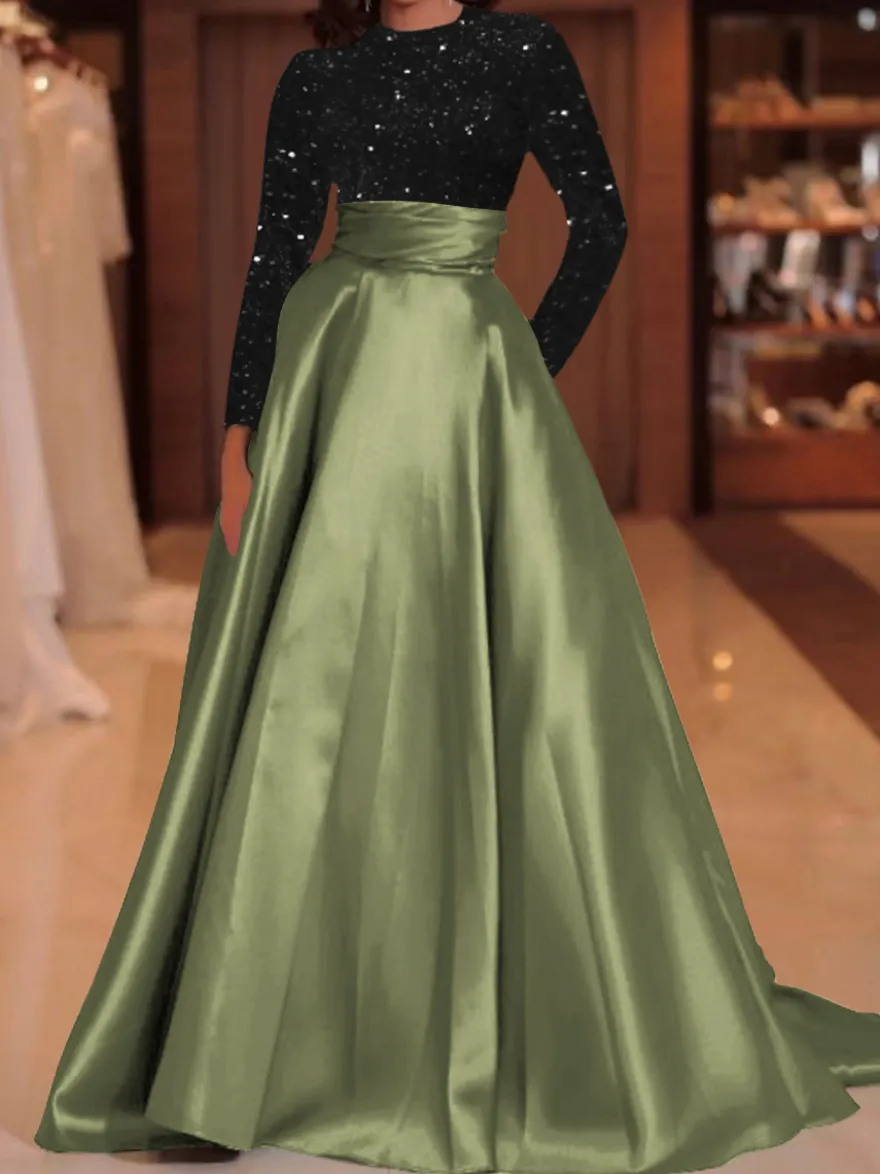 Robe de soirée robe de bal col bijou avec traîne manches longues fermeture éclair paillettes velours robes de concours sociales