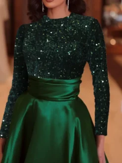 Robe de soirée robe de bal col bijou tissu satiné longueur thé paillettes robes de soirée formelles