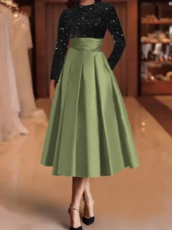 Robe de soirée robe de bal col bijou tissu satiné longueur thé paillettes robes de soirée formelles