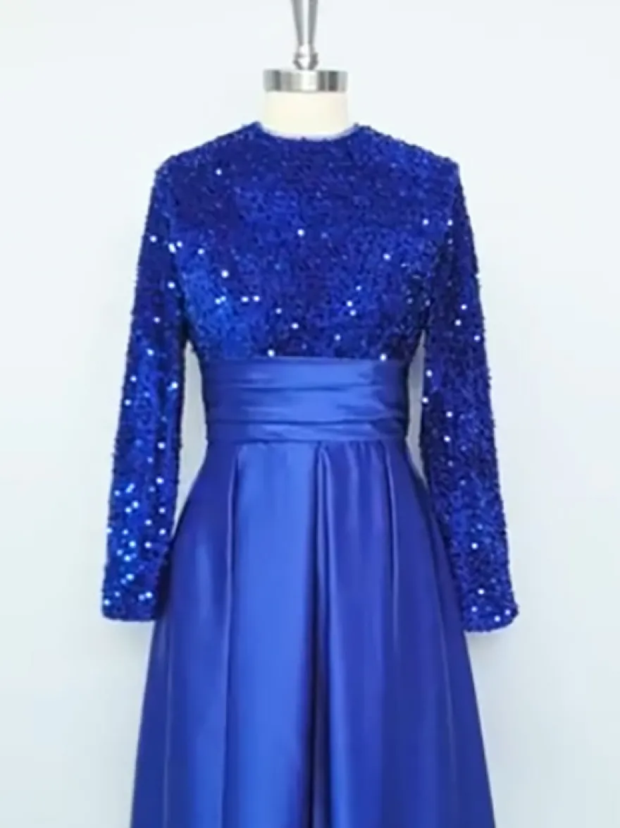 Robe de soirée robe de bal col bijou tissu satiné longueur thé paillettes robes de soirée formelles