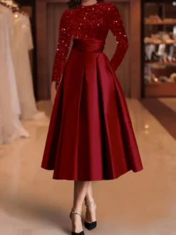 Robe de soirée robe de bal col bijou tissu satiné longueur thé paillettes robes de soirée formelles