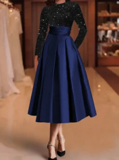 Robe de soirée robe de bal col bijou tissu satiné longueur thé paillettes robes de soirée formelles