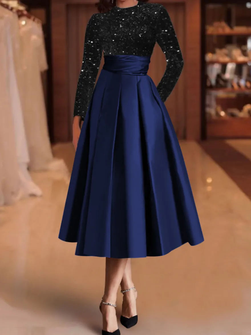 Robe de soirée robe de bal col bijou tissu satiné longueur thé paillettes robes de soirée formelles