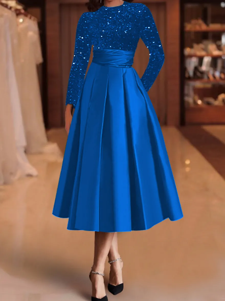 Robe de soirée robe de bal col bijou tissu satiné longueur thé paillettes robes de soirée formelles