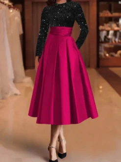 Robe de soirée robe de bal col bijou tissu satiné longueur thé paillettes robes de soirée formelles