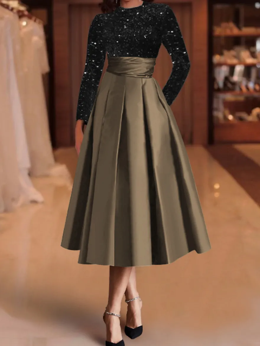 Robe de soirée robe de bal col bijou tissu satiné longueur thé paillettes robes de soirée formelles