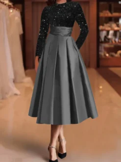 Robe de soirée robe de bal col bijou tissu satiné longueur thé paillettes robes de soirée formelles