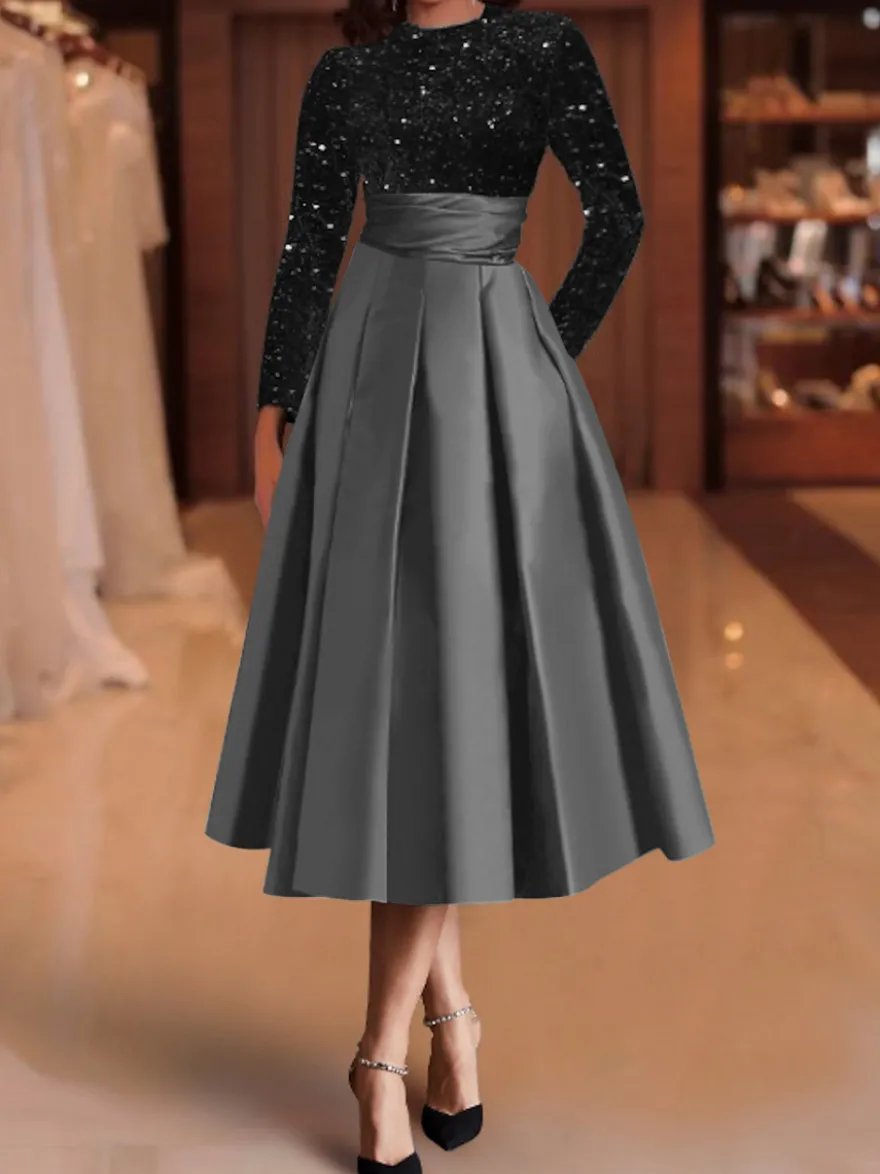 Robe de soirée robe de bal col bijou tissu satiné longueur thé paillettes robes de soirée formelles