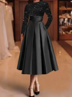 Robe de soirée robe de bal col bijou tissu satiné longueur thé paillettes robes de soirée formelles