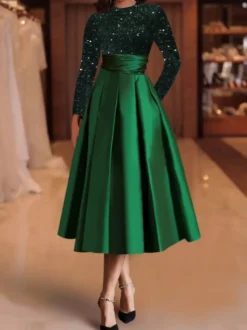 Robe de soirée robe de bal col bijou tissu satiné longueur thé paillettes robes de soirée formelles
