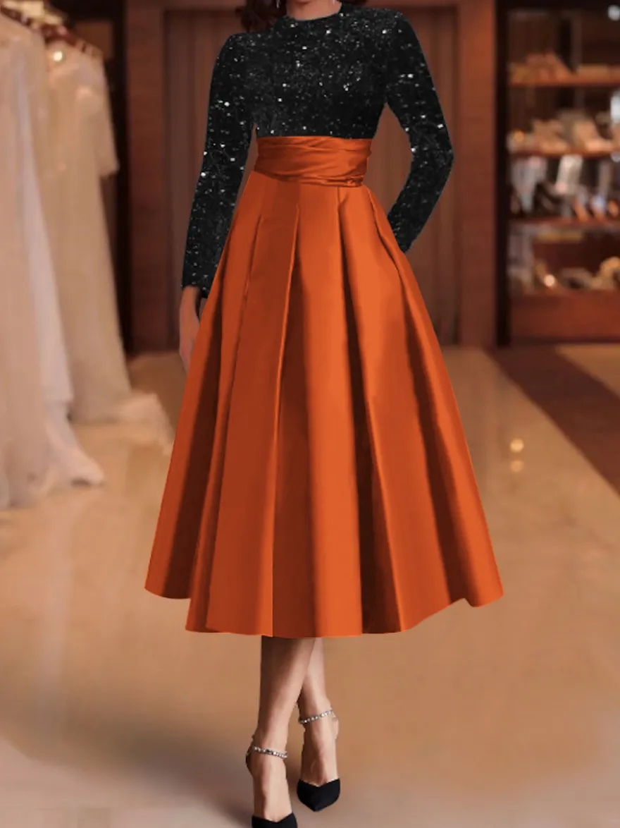 Robe de soirée robe de bal col bijou tissu satiné longueur thé paillettes robes de soirée formelles