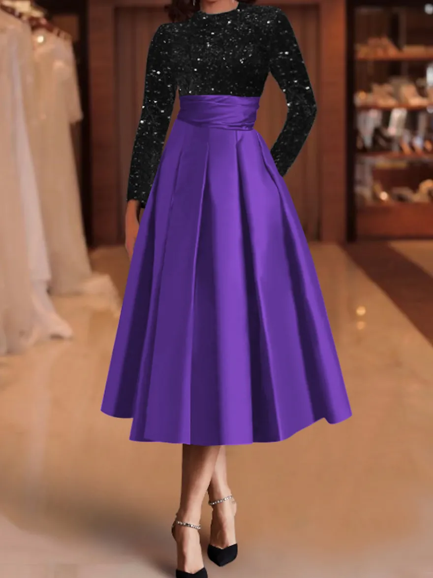 Robe de soirée robe de bal col bijou tissu satiné longueur thé paillettes robes de soirée formelles