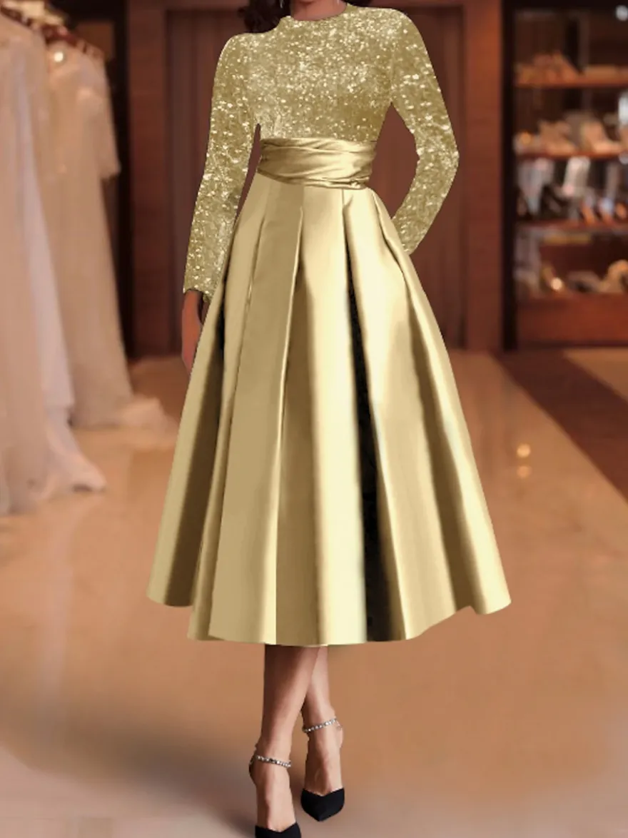 Robe de soirée robe de bal col bijou tissu satiné longueur thé paillettes robes de soirée formelles