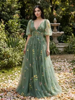 Robe de soirée robe de bal col en V robe de cérémonie longue en dentelle