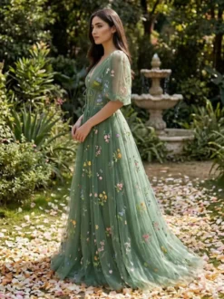 Robe de soirée robe de bal col en V robe de cérémonie longue en dentelle