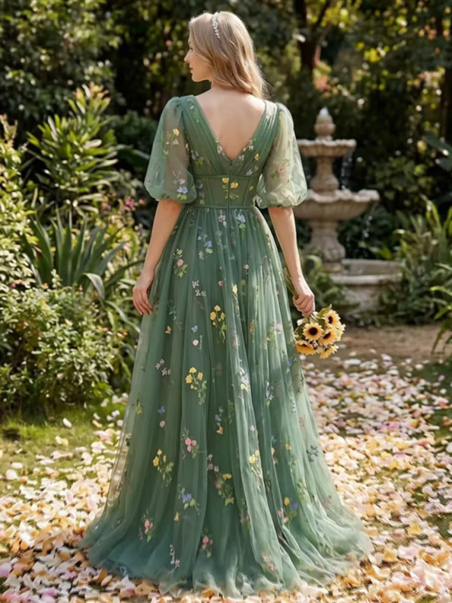 Robe de soirée robe de bal col en V robe de cérémonie longue en dentelle