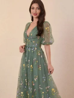Robe de soirée robe de bal col en V robe de cérémonie longue en dentelle