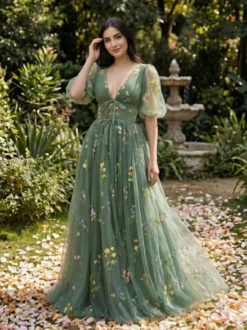 Robe de soirée robe de bal col en V robe de cérémonie longue en dentelle
