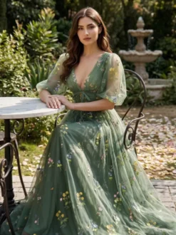 Robe de soirée robe de bal col en V robe de cérémonie longue en dentelle