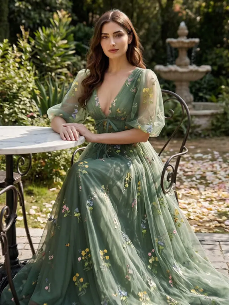 Robe de soirée robe de bal col en V robe de cérémonie longue en dentelle