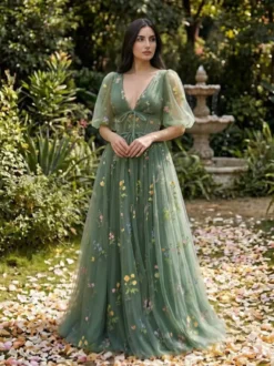 Robe de soirée robe de bal col en V robe de cérémonie longue en dentelle