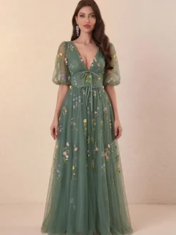 Robe de soirée robe de bal col en V robe de cérémonie longue en dentelle