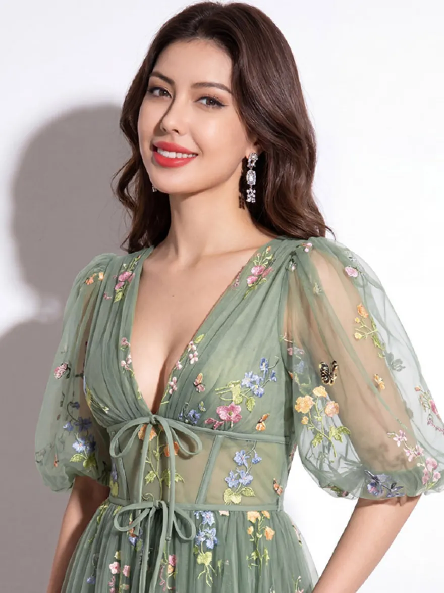 Robe de soirée robe de bal col en V robe de cérémonie longue en dentelle