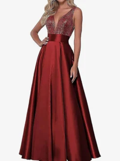 Robe de soirée robe de bal col V jupe plissée au sol