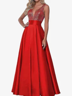 Robe de soirée robe de bal col V jupe plissée au sol