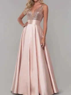 Robe de soirée robe de bal col V jupe plissée au sol