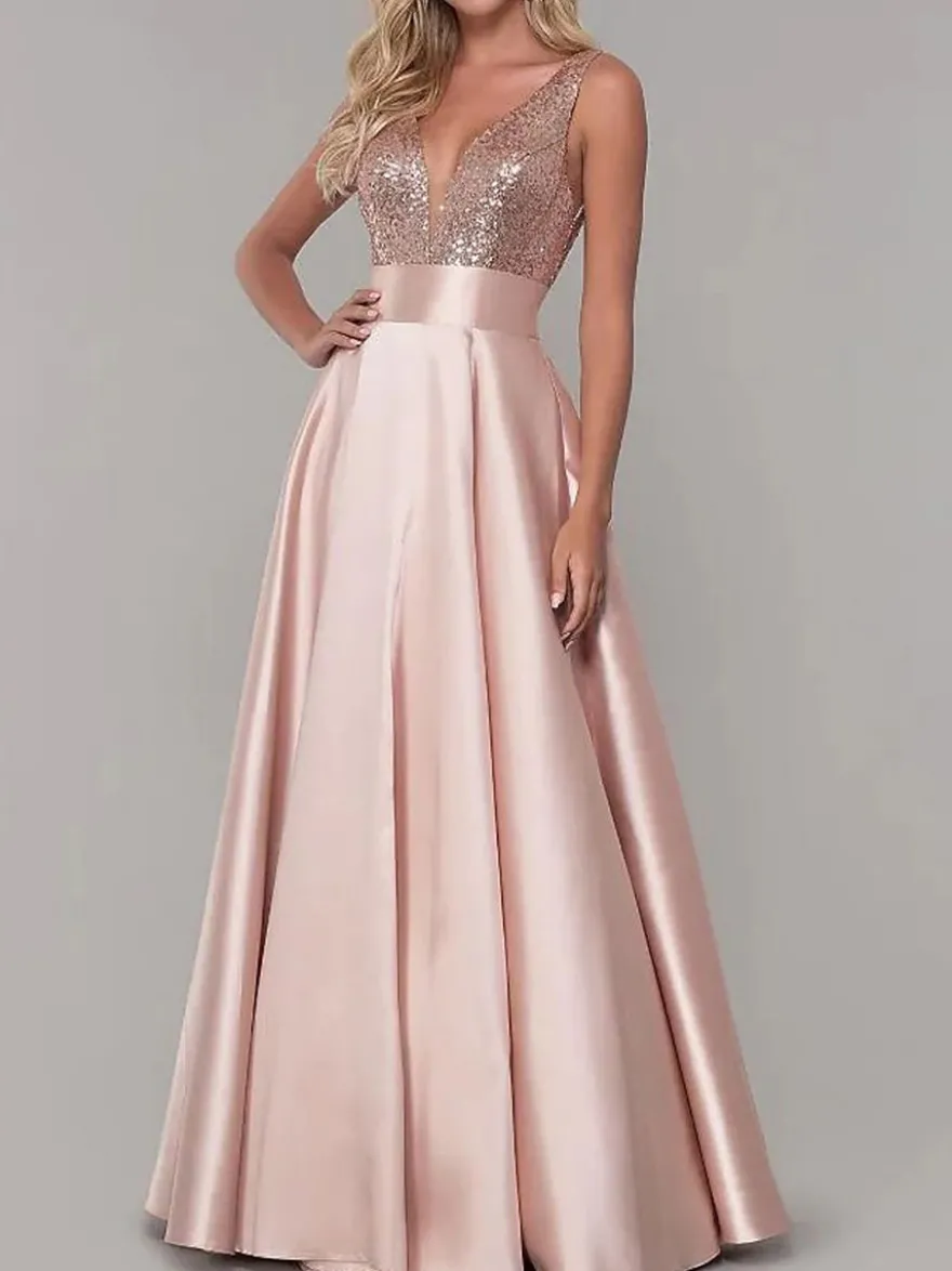 Robe de soirée robe de bal col V jupe plissée au sol