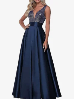 Robe de soirée robe de bal col V jupe plissée au sol