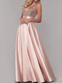Robe de soirée robe de bal col V jupe plissée au sol