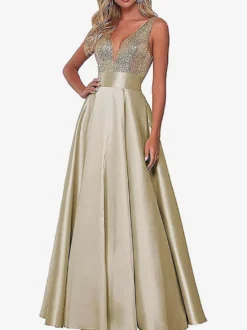 Robe de soirée robe de bal col V jupe plissée au sol