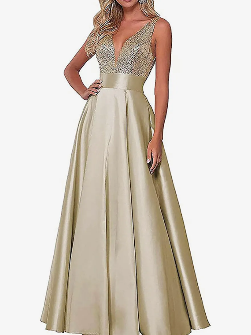 Robe de soirée robe de bal col V jupe plissée au sol