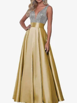 Robe de soirée robe de bal col V jupe plissée au sol